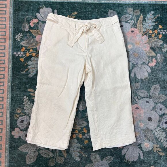 Talbots Pants Womens 14 Petite White Irish Linen Wide Leg Tie Cropped Culottes - Picture 6 of 14